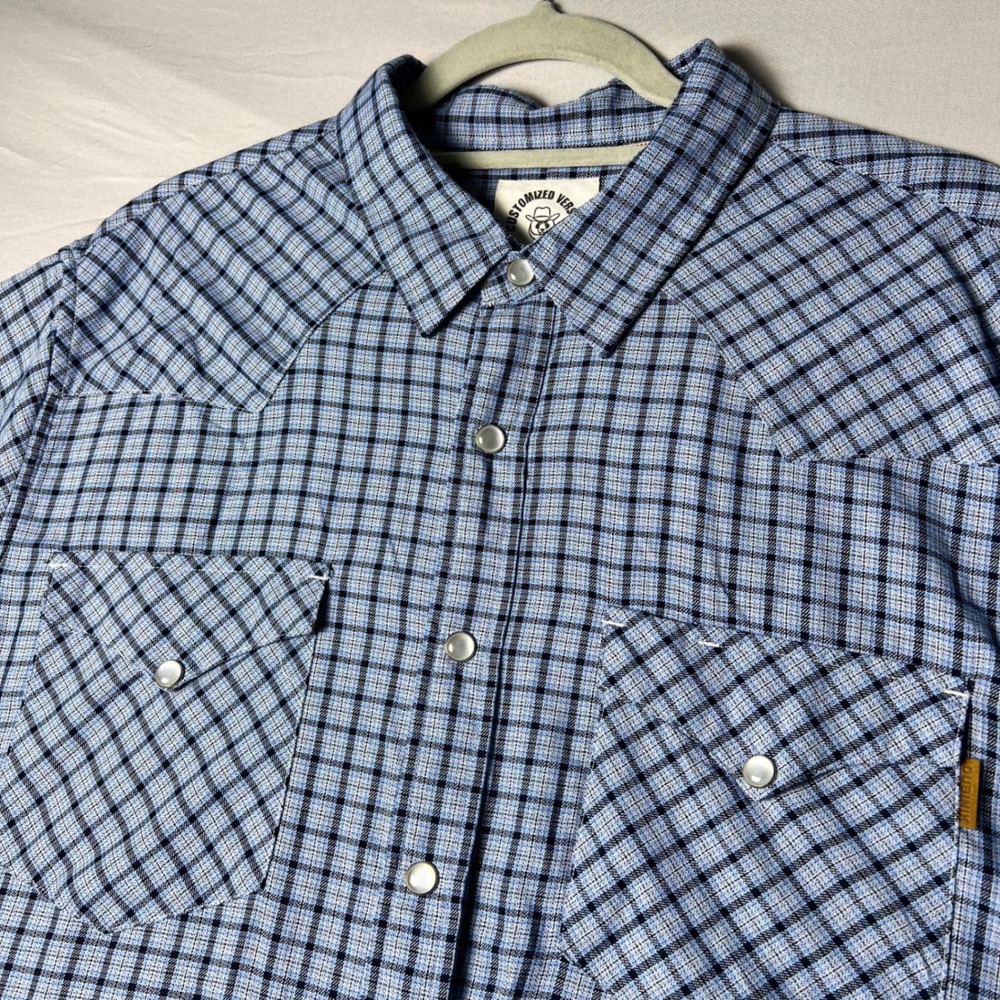Dubinik Mens Western Pearl Snap Shirt Short Sleeve Blue Plaid Yoke L